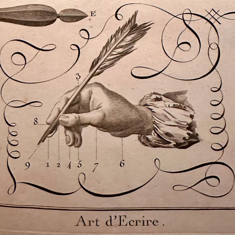 Engraving of a hand, holding a quill. Some swirley curleys on the left and right because clearly this person knows her stuff.