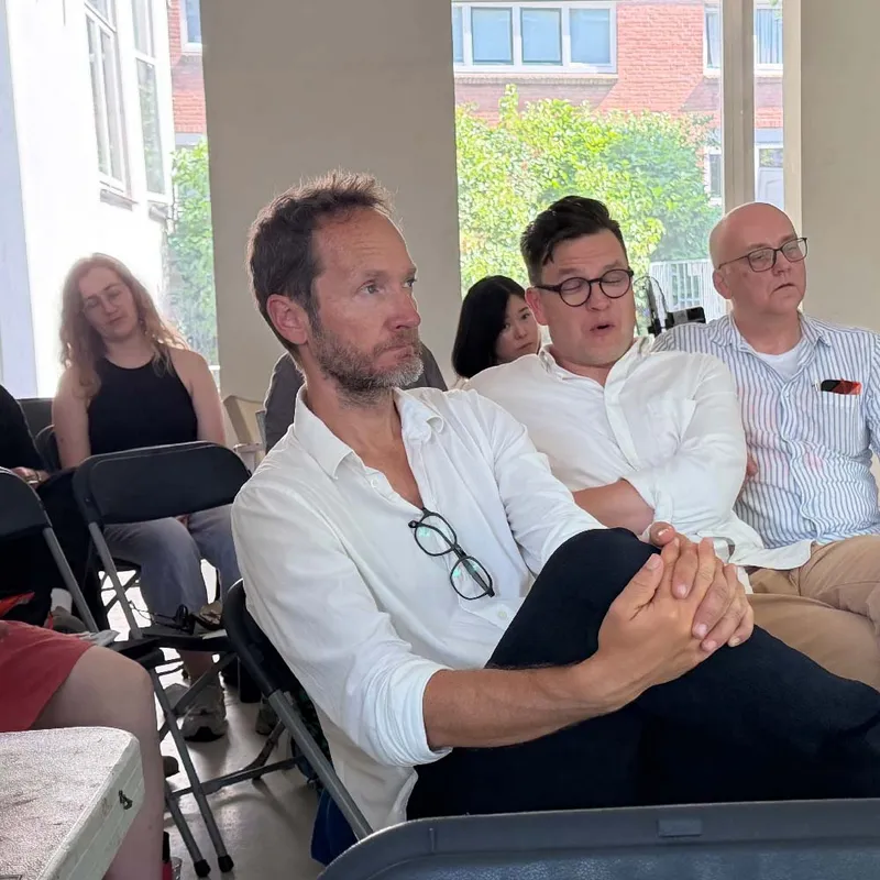 Peter Bilak, Kai Bernau and Peter Verheul during the TM exams in a very hot gallery. July 2026,